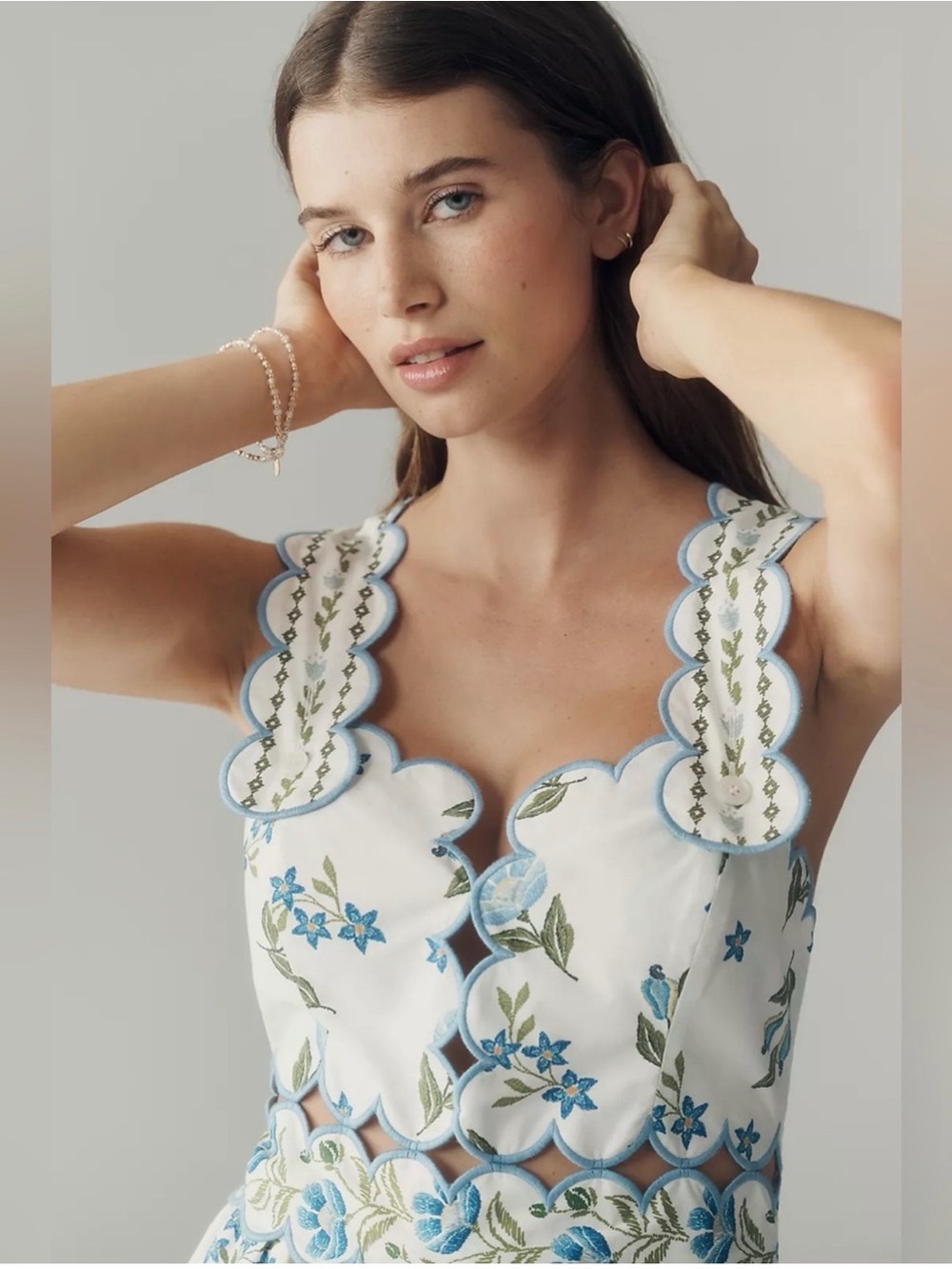 FARM Rio White Midi Dress with Blue & Green Floral Embroidery - Picture 2 of 3